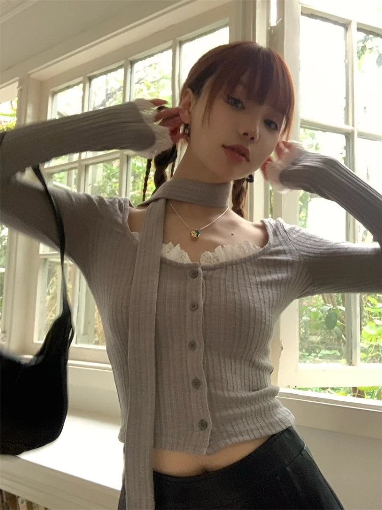 Lace Patchwork Women Gentle Crop Cardigans Y2k Aesthetic Sweet Single Breasted Sweaters Streetwear Casual Slim Grunge Knitwear