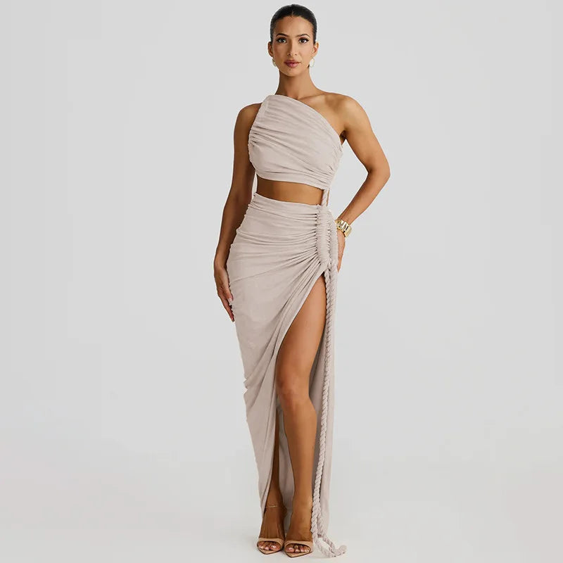 Off-shoulder Thigh High Split Sexy Maxi Dress For Women Fashion Strapless Sleeveless Ruched Bodycon Club Party Dress