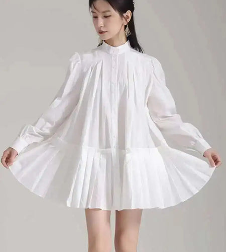 Women Blue Pleated Hem Long Big Size Blouse New Stand Collar Long Sleeve Shirt Fashion Tide Spring Autumn 2025 1DH5707