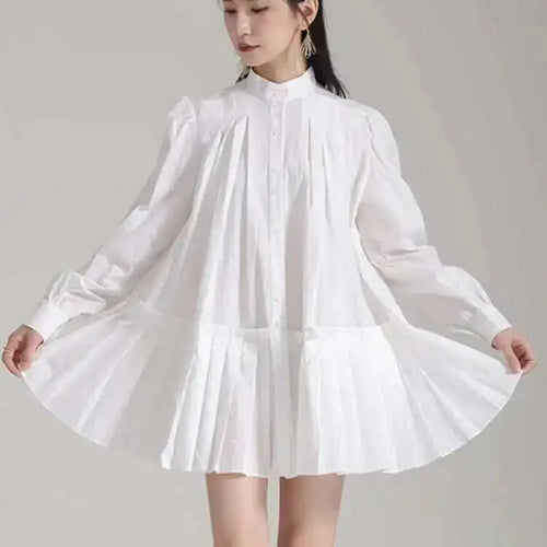 Load image into Gallery viewer, Women Blue Pleated Hem Long Big Size Blouse New Stand Collar Long Sleeve Shirt Fashion Tide Spring Autumn 2025 1DH5707
