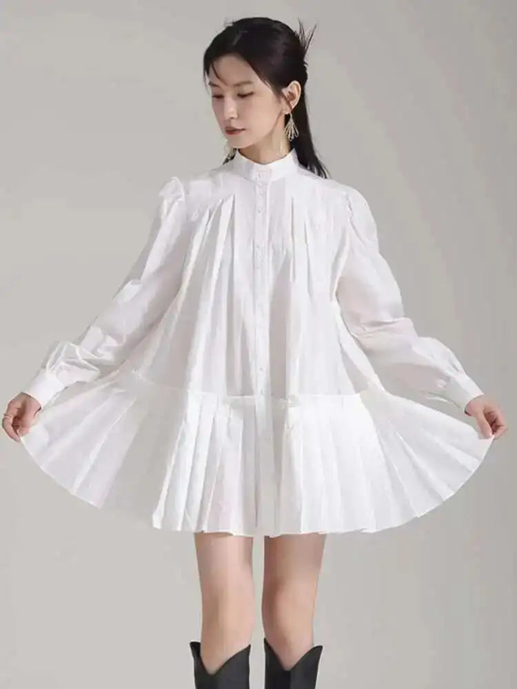 Women Blue Pleated Hem Long Big Size Blouse New Stand Collar Long Sleeve Shirt Fashion Tide Spring Autumn 2025 1DH5707