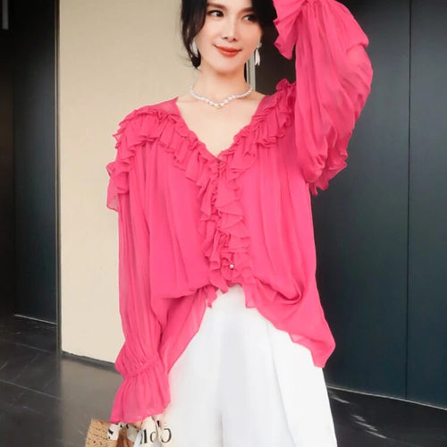 Load image into Gallery viewer, Solid Patchwork Ruffles Shirts For Women V Neck Butterfly Sleeve Casual Loose Chiffon Blouse Female Fashion Clothes
