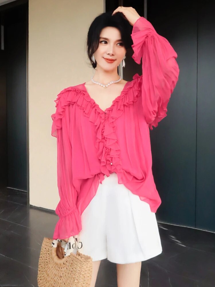 Solid Patchwork Ruffles Shirts For Women V Neck Butterfly Sleeve Casual Loose Chiffon Blouse Female Fashion Clothes