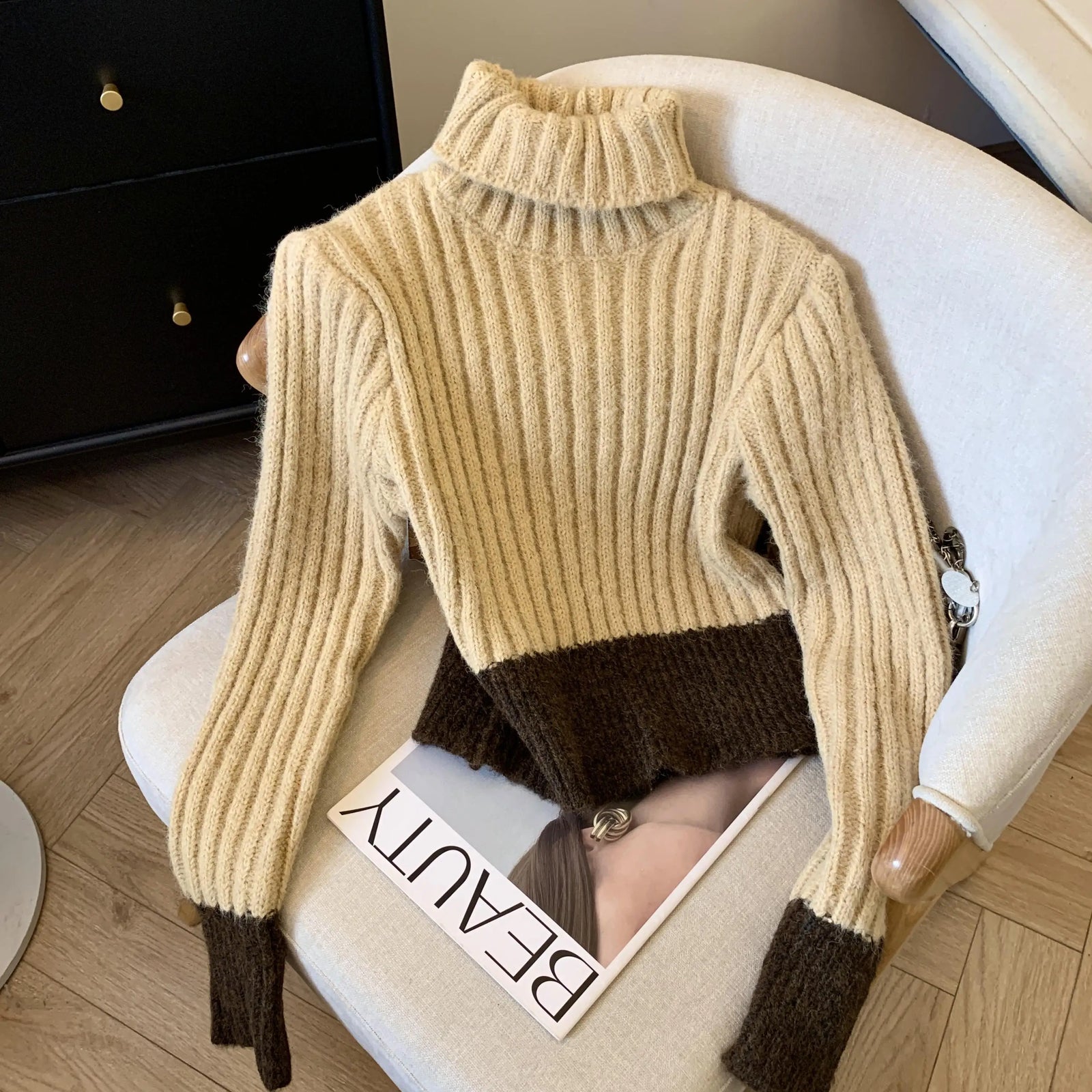 Korean Women Patchwork Pullover Sweater Autumn Winter Turtleneck Long Sleeve Slim Knitted Tops 2024 Ladies Casual Warm Clothing