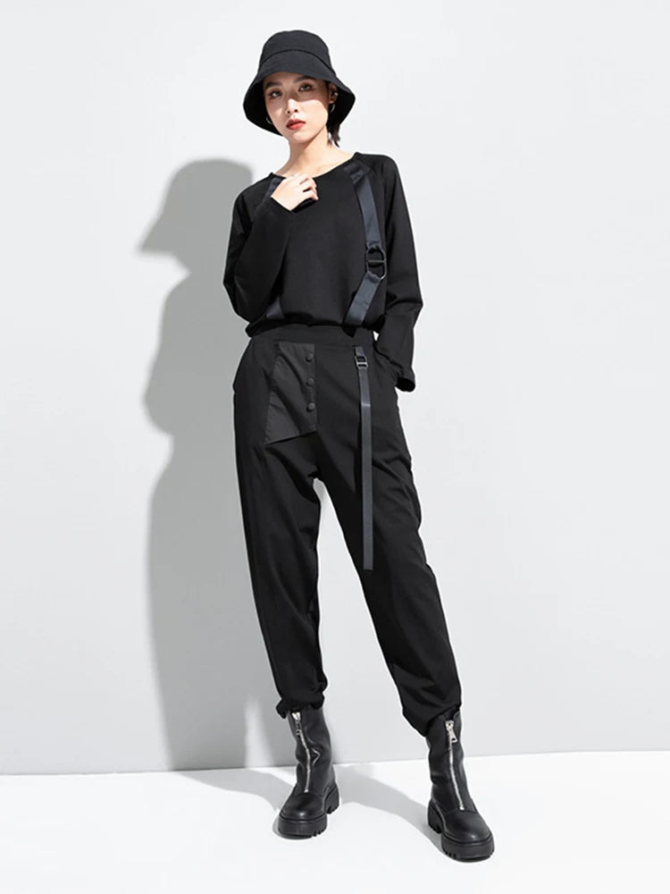 High Elastic Waist Black Ribbon Split Harem Trousers New Loose Fit Pants Women Fashion Tide Spring Autumn 2025 1DC777