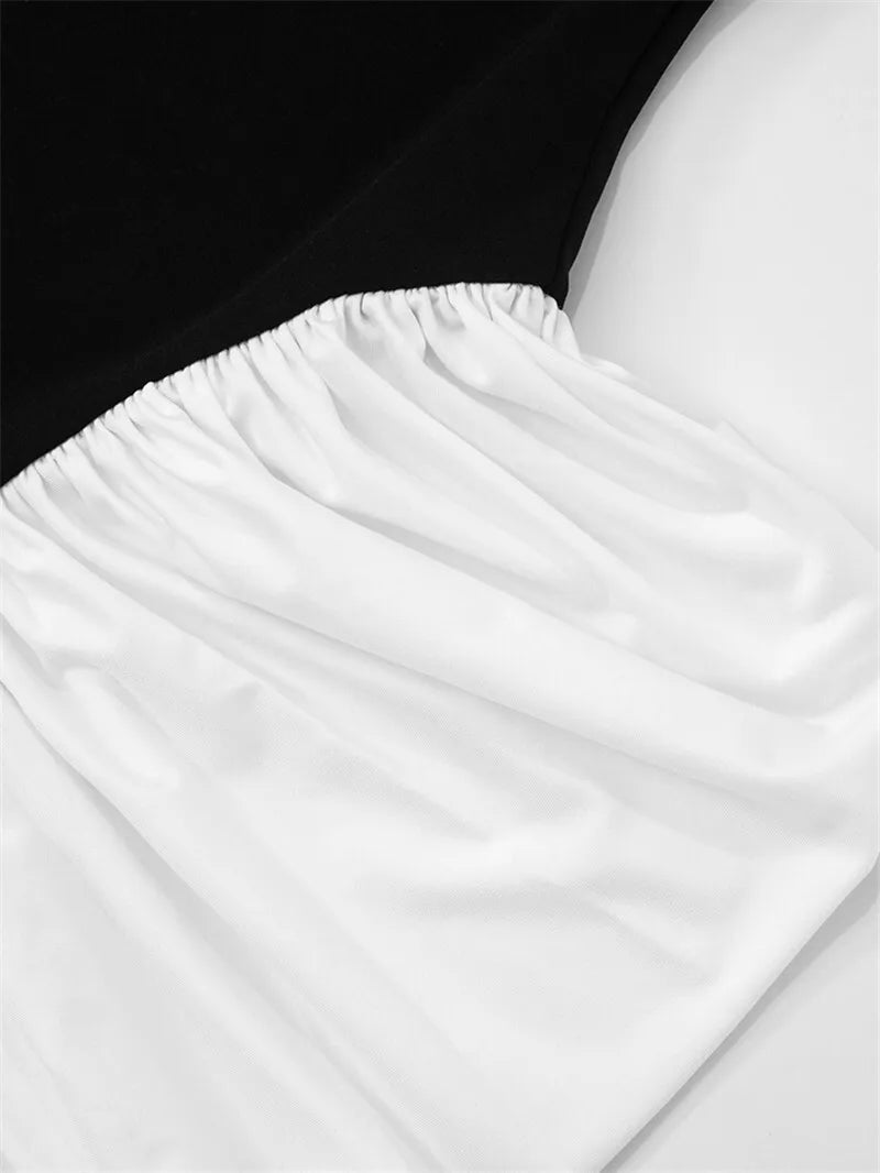 Patchwork Halter Backless Sexy Midi Dress Women Gown Elegant Fashion Contrast Color Sleeveless Pleated Long Dress