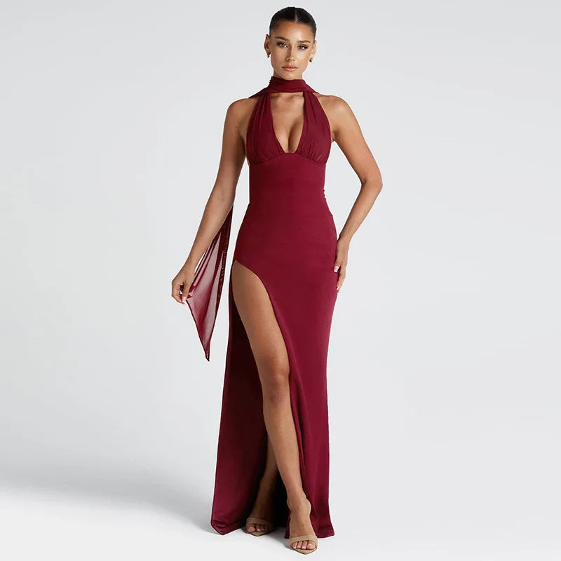 Scarf Collar Backless Sexy Maxi Dress Women Gown Fashion Halter Deep V Neck Thigh High Split Bodycon Long Dress
