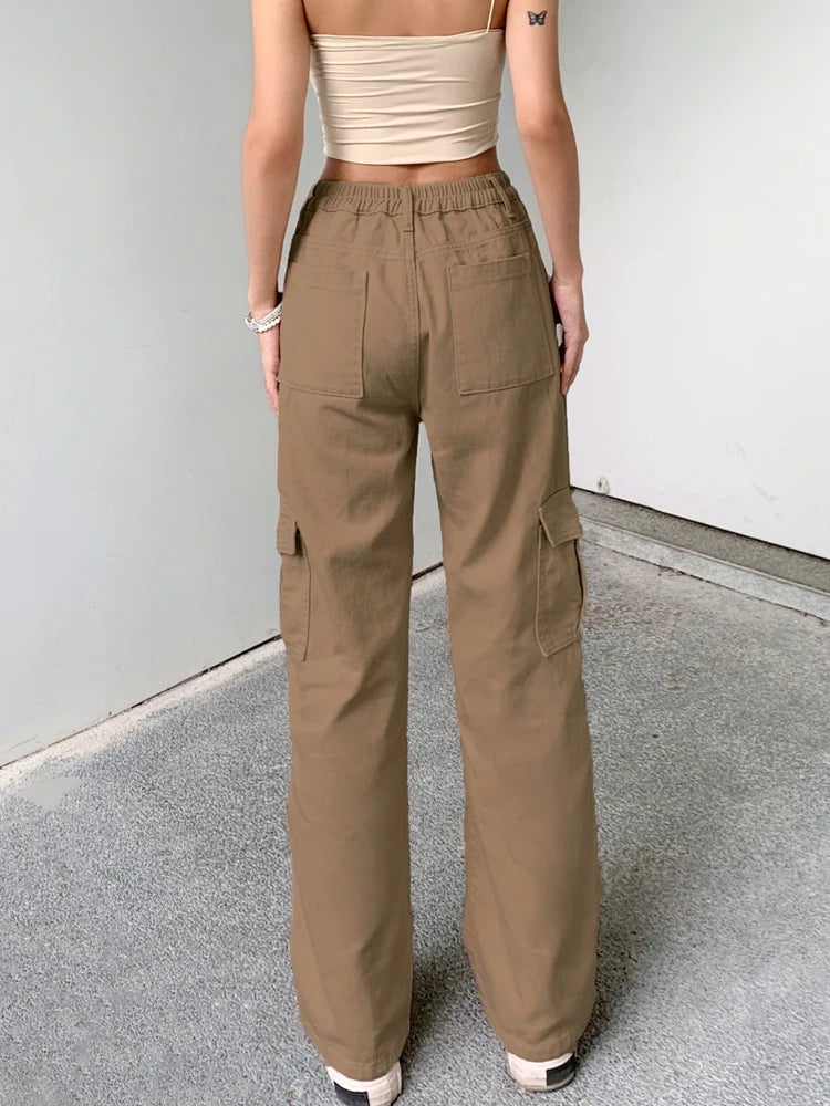 Casual Solid Straight Khaki High Waist Female Jeans Streetwear Basic Cargo Trousers Denim Loose Pockets Korean Pants