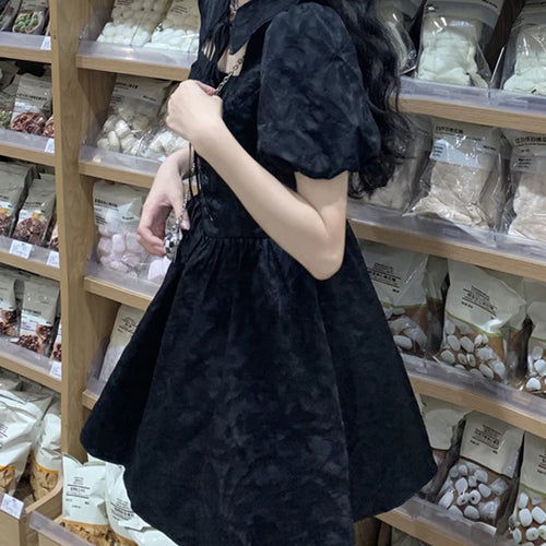 Load image into Gallery viewer, Black French Style Hollow Out Slim Women&#39;s Dresses High Street Puff Sleeve Pleated Solid Color Female Dress Evening Dress
