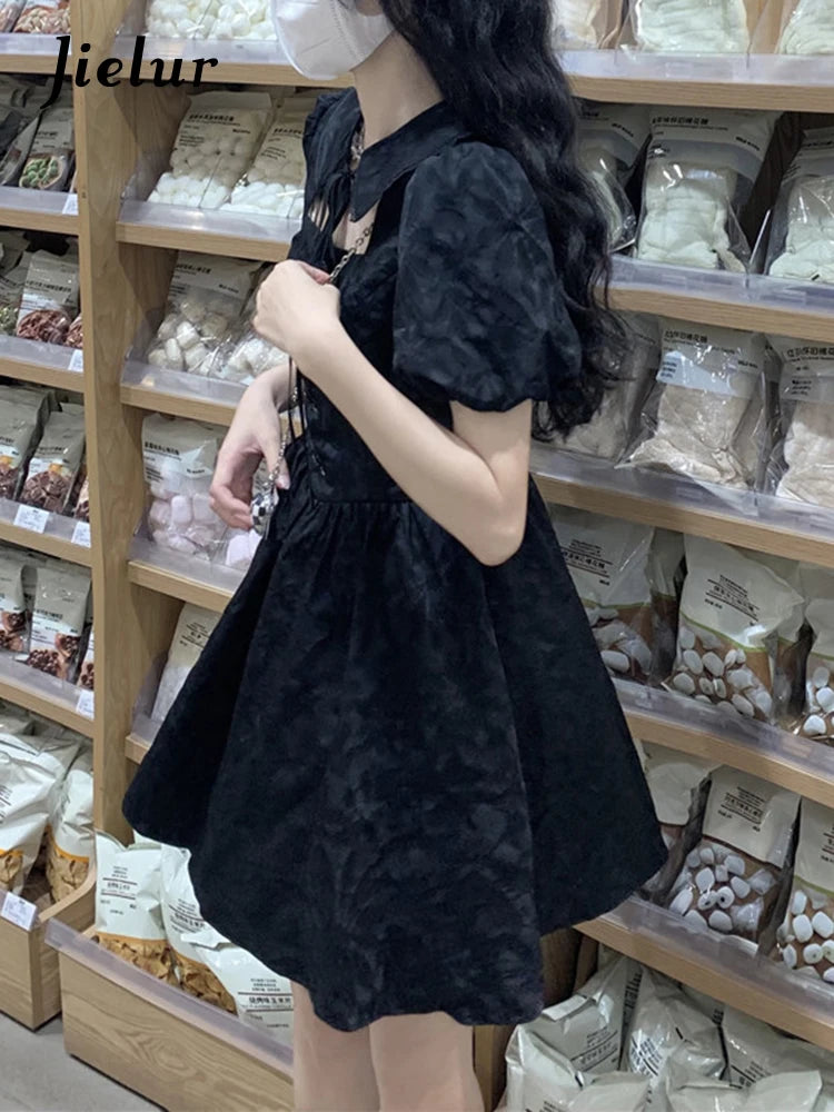 Black French Style Hollow Out Slim Women's Dresses High Street Puff Sleeve Pleated Solid Color Female Dress Evening Dress