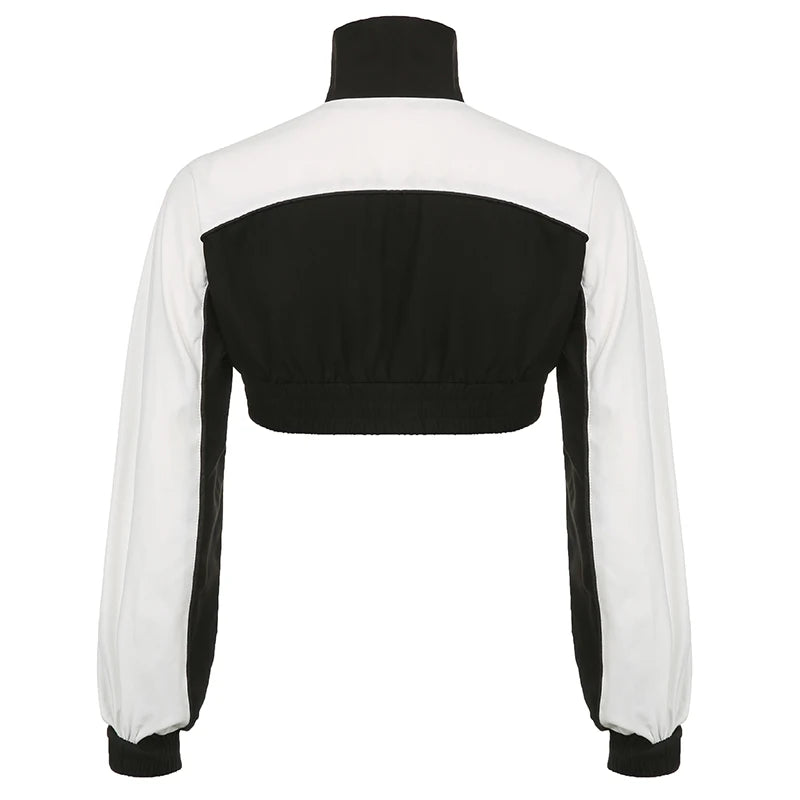 Streetwear Patchwork Zip Up Autumn Jacket Female Moto&Biker Style Turtleneck Short Trench Coat Contrast Color Outfits