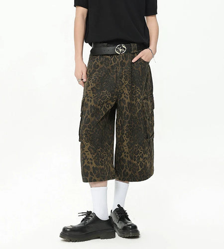 Streetwear Trendy Leopard Print Cargo Pants Summer New Camouflage Big Pocket Design Male Shorts Wide Leg 9C6628