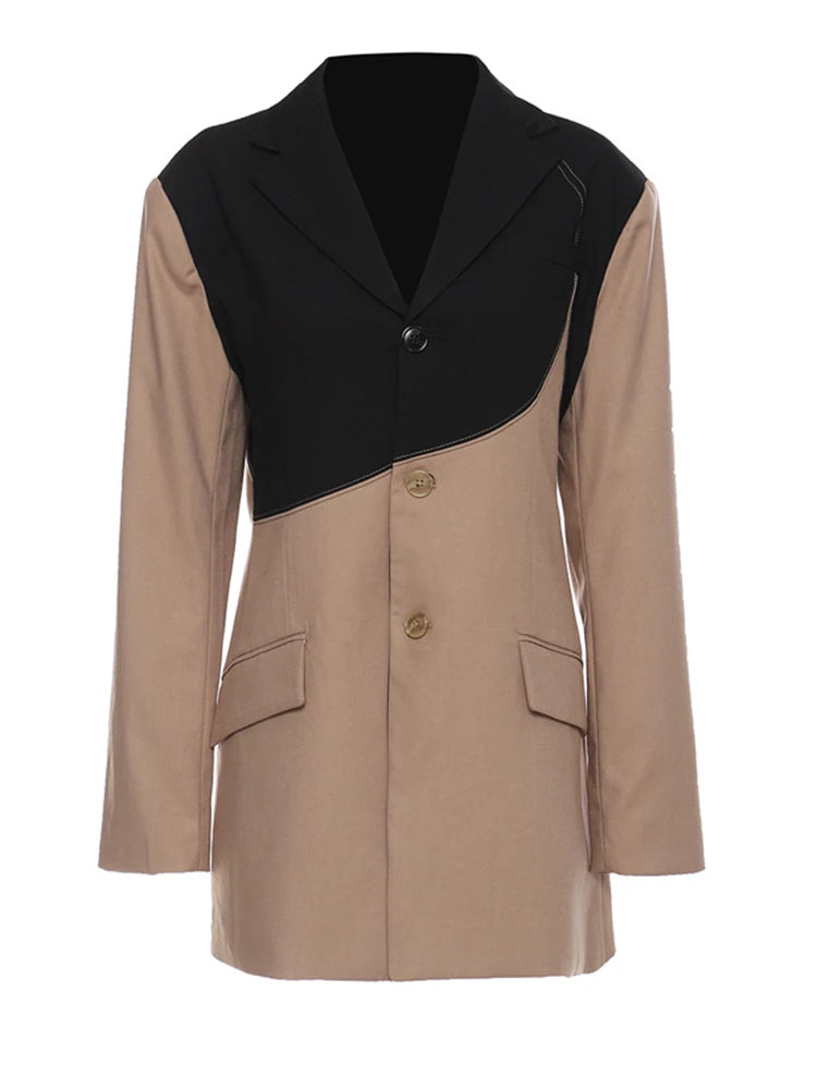 Women Khaki Irregular Contrast Color Big Size Blazer New Lapel Long Sleeve Jacket Fashion Tide Spring Autumn 2025 1DE2308