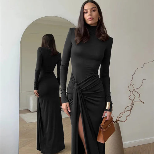 Load image into Gallery viewer, Turtleneck Thigh High Split Sexy Maxi Dress For Women Fashion Long Sleeve Draped Bandage Bodycon Club Long Dress
