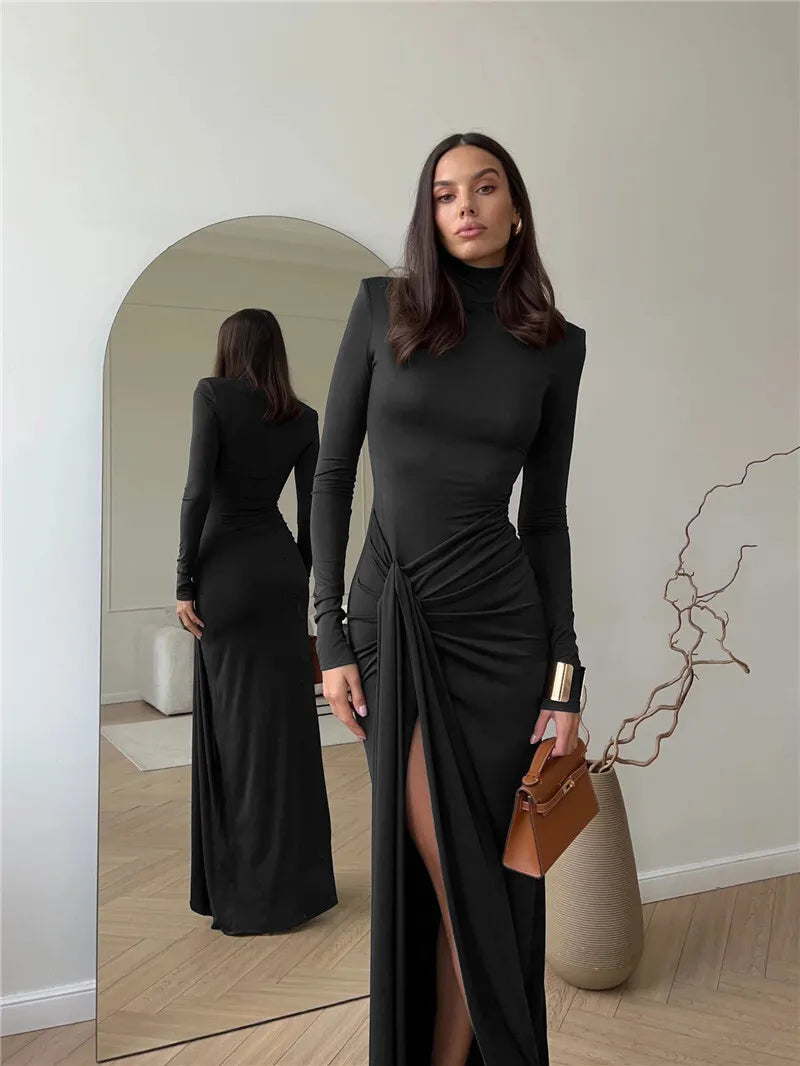 Turtleneck Thigh High Split Sexy Maxi Dress For Women Fashion Long Sleeve Draped Bandage Bodycon Club Long Dress