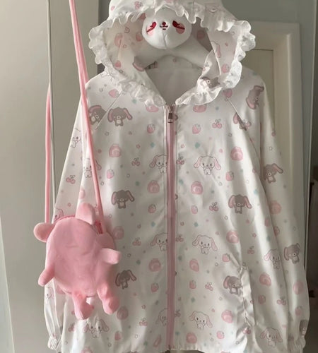 Japanese Kawaii Cartoon Print Jackets Loose Y2k Casual Sun Protection Women's Tops Lace Patchwork Preppy Grunge Hooded Coats