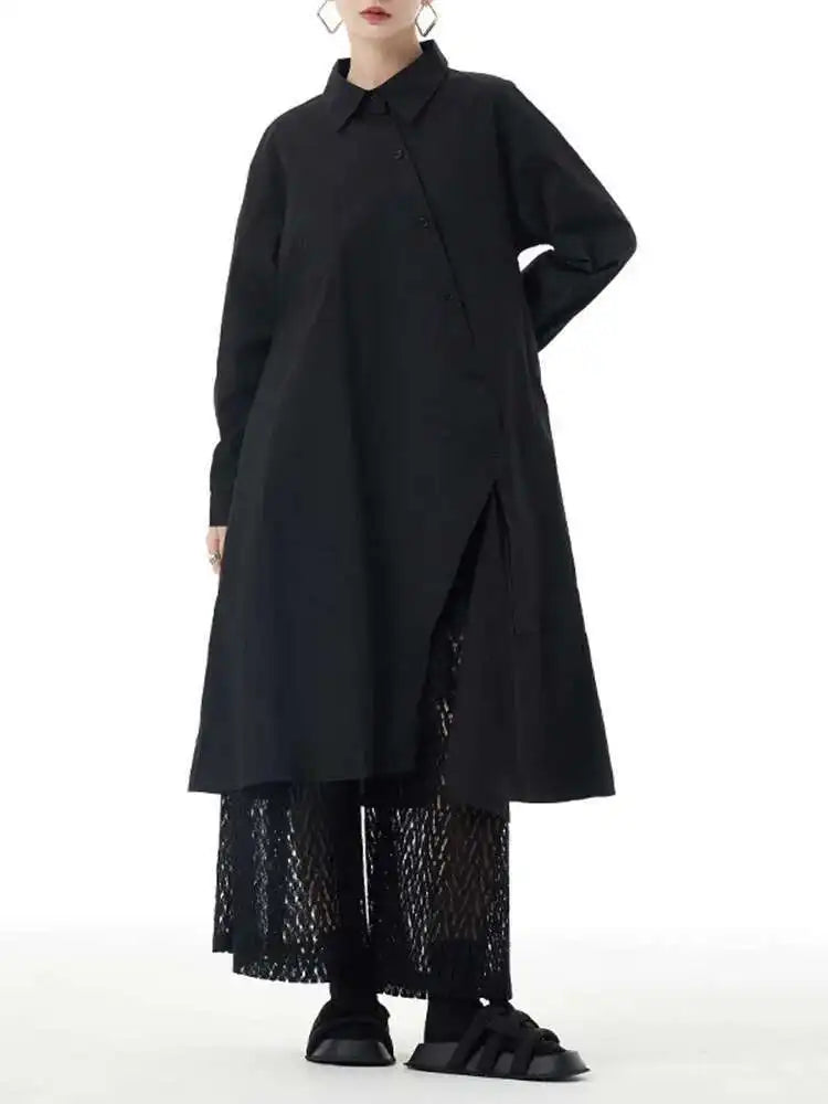 Women Purple Irregular Button Slit Big Size Shirt Dress New Lapel Long Sleeve Fashion Tide Spring Autumn 2025 1DH4827