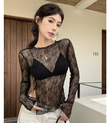 Lace Y2k Tops Sexy T Shirts for Women Long Sleeve O-neck Tunic Tees Fashion Korean Summer Camisetas See Through Crop Tshirts