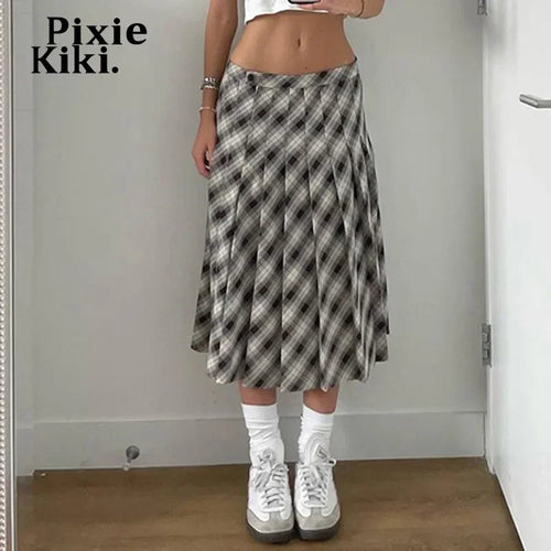 Load image into Gallery viewer, Y2k Retro Plaid Print Pleated Long Skirt Preppy Style Low Waisted A Line Skirts for Woman Bottoms P84-EZ36
