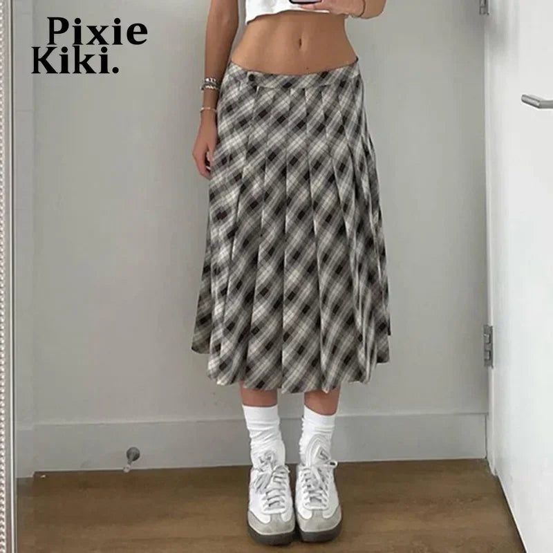 Y2k Retro Plaid Print Pleated Long Skirt Preppy Style Low Waisted A Line Skirts for Woman Bottoms P84-EZ36