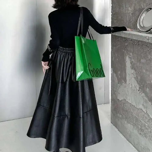 Load image into Gallery viewer, High Elastic Waist Black Pu Leather Zipper Long A-line Half-body Skirt Women Fashion Tide New Spring Autumn 2025 1DH4646
