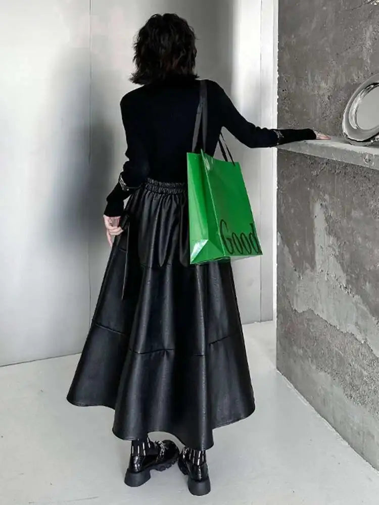High Elastic Waist Black Pu Leather Zipper Long A-line Half-body Skirt Women Fashion Tide New Spring Autumn 2025 1DH4646
