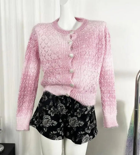 Vintage 2024 Women's Purple Rainbow Elegant Festival Knit Tops Autumn Winter Pink Gradient Crew Neck Hollow Out Vacation Sweater