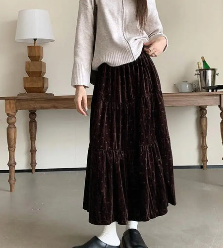 Vintage Black Heart Dot Skirt Women Fall Winter 2023 New Beige High Waist A Line Velvet Long Skirt Office Elegant Brown Skirts