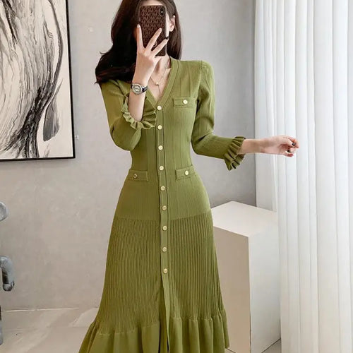 Load image into Gallery viewer, Autumn French Green V-neck Elegant Ruffles Knitted Dress Women Slim Long Sleeve Office Single Breast Dress 2024 New Fashion Chic
