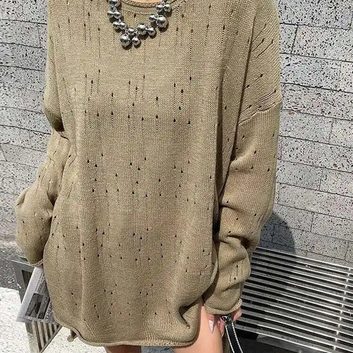 Load image into Gallery viewer, Black Hollow Out Big Size Knitting Sweater Round Neck Long Sleeve Women Pullovers New Fashion Spring Autumn 2025 1DJ0057
