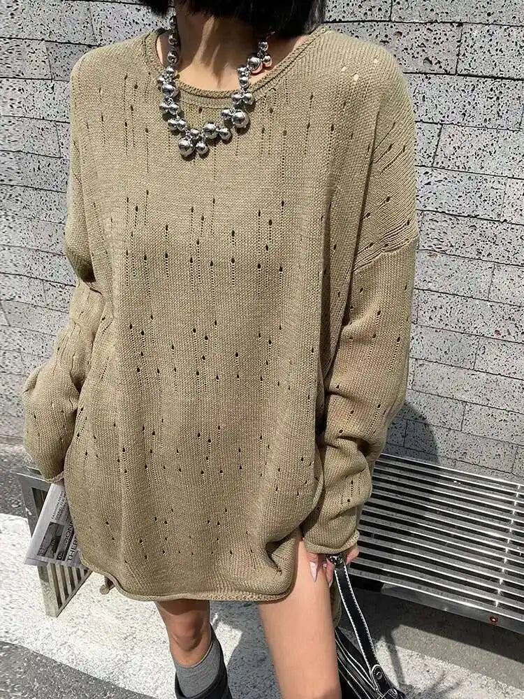 Black Hollow Out Big Size Knitting Sweater Round Neck Long Sleeve Women Pullovers New Fashion Spring Autumn 2025 1DJ0057