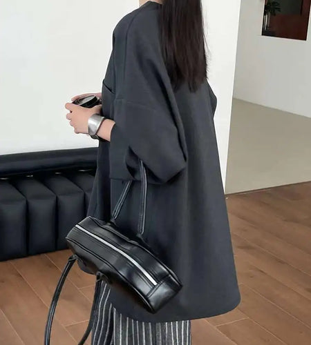 Women Gray Double Pocket Big Size Elegant Mini Dress New V--Neck Long Sleeve Fashion Tide Spring Autumn 2025 1DH7310