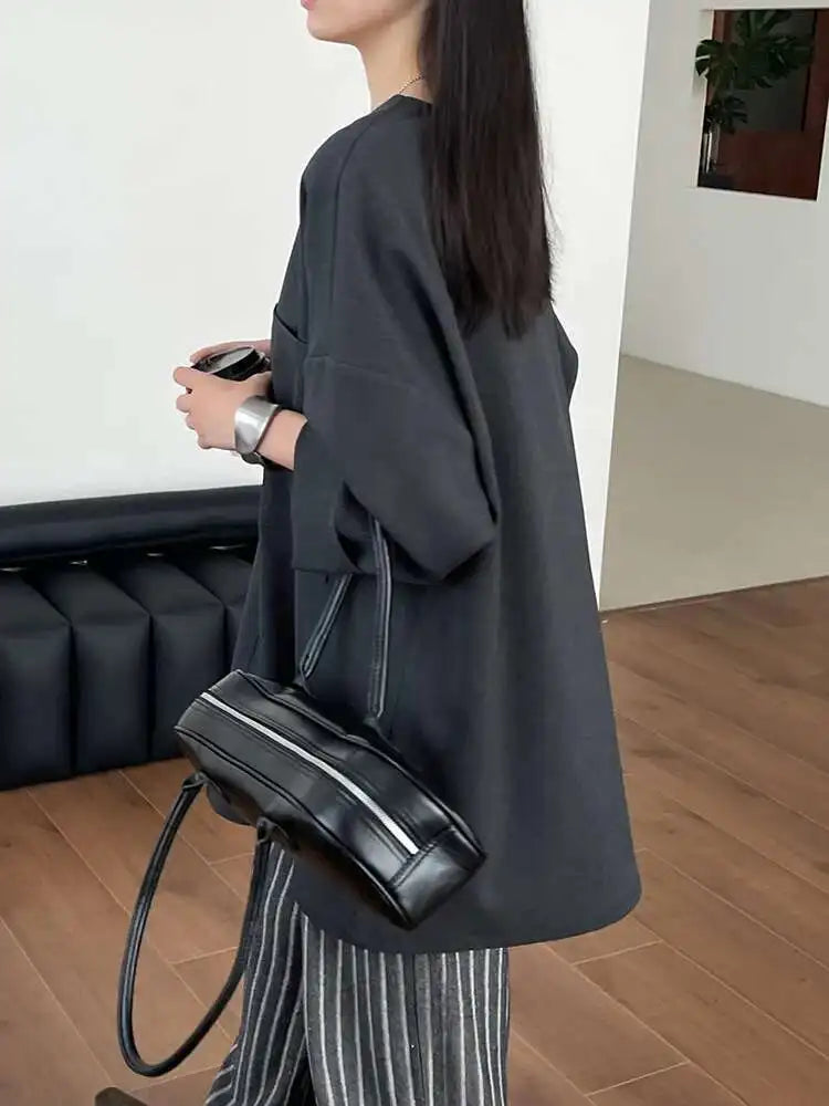 Women Gray Double Pocket Big Size Elegant Mini Dress New V--Neck Long Sleeve Fashion Tide Spring Autumn 2025 1DH7310