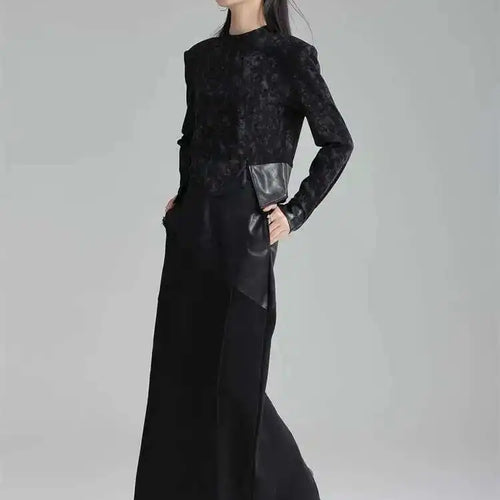 Load image into Gallery viewer, High Waist Black Pu Leather Spliced Long Back Slit Elegant Half-body Skirt Women Fashion New Spring Autumn 2025 1DH3993
