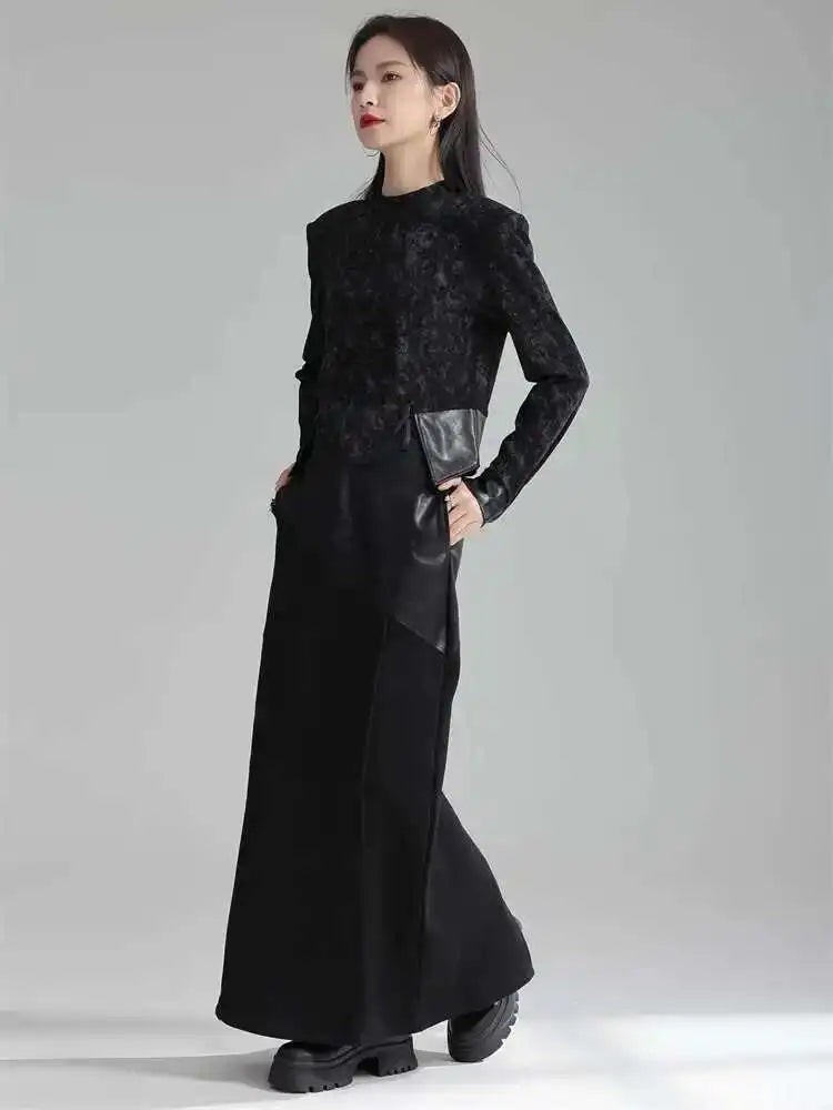 High Waist Black Pu Leather Spliced Long Back Slit Elegant Half-body Skirt Women Fashion New Spring Autumn 2025 1DH3993