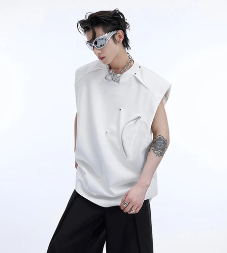 Men's Vest Three-dimensional Pocket Shoulder Pads Loose Round Collar Sleeveless Male Clothing Niche Design summer 9C675