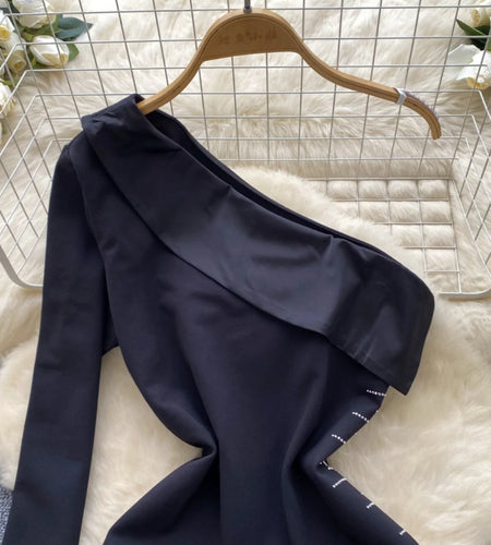 Korean Autumn Black Elegant Diagonal Collar Irregular Midi Dress Women Off Shoulder Long Sleeves Festival Sundress Fashion Trend