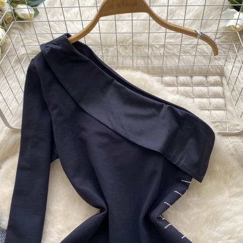 Load image into Gallery viewer, Korean Autumn Black Elegant Diagonal Collar Irregular Midi Dress Women Off Shoulder Long Sleeves Festival Sundress Fashion Trend
