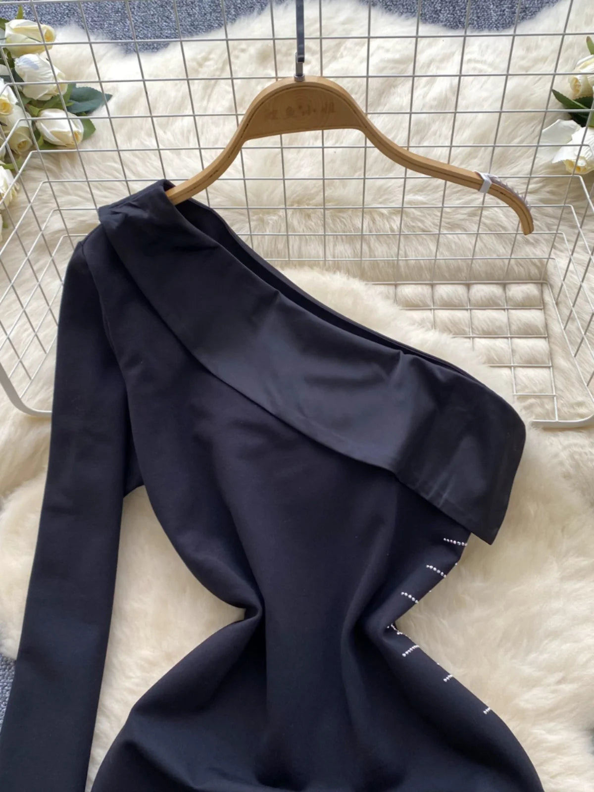 Korean Autumn Black Elegant Diagonal Collar Irregular Midi Dress Women Off Shoulder Long Sleeves Festival Sundress Fashion Trend