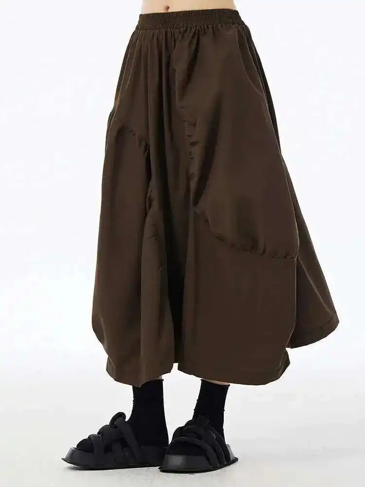 High Elastic Waist Coffee Irregular Pleated Casual Midi Half-body Skirt Women Fashion Tide New Spring Autumn 2025 1DH6613