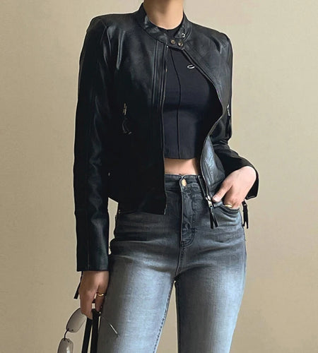 Fashion Black Basic Autumn Leather Jacket Women Motorcycle Streetwear Chic Zip Up Coat Cropped Outerwear Cool Jackets