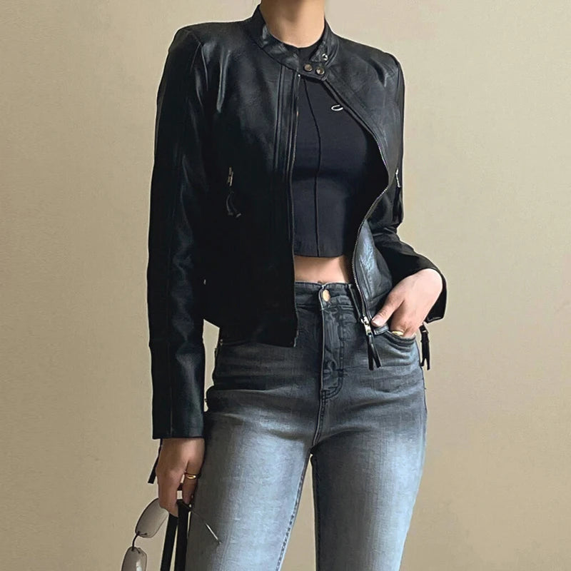 Fashion Black Basic Autumn Leather Jacket Women Motorcycle Streetwear Chic Zip Up Coat Cropped Outerwear Cool Jackets