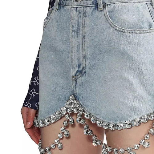 Load image into Gallery viewer, Patchwork Diamonds Denim Skirts For Women High Waist Patchwork Pockets Soild Slimming Mini Skirt Female Fashion Clothing
