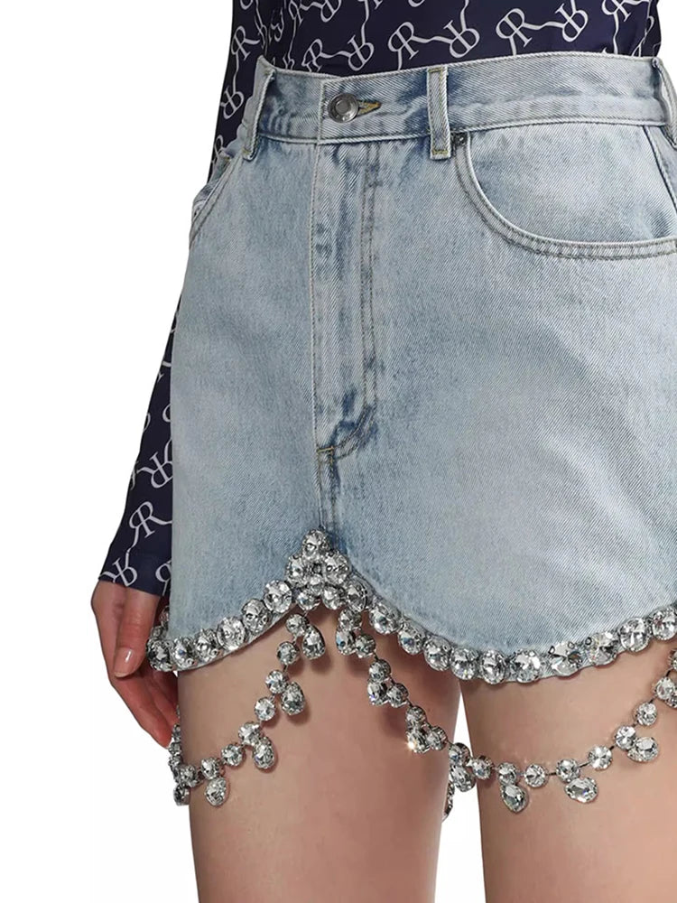 Patchwork Diamonds Denim Skirts For Women High Waist Patchwork Pockets Soild Slimming Mini Skirt Female Fashion Clothing