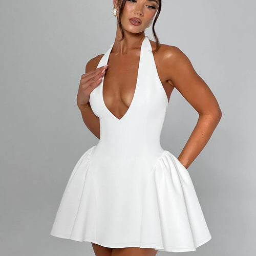 Load image into Gallery viewer, Halter Solid V Neck Backless Bandage Sexy Bodycon Mini Pleated Dress Winter Elegant Women Outfit Evening Party Festival
