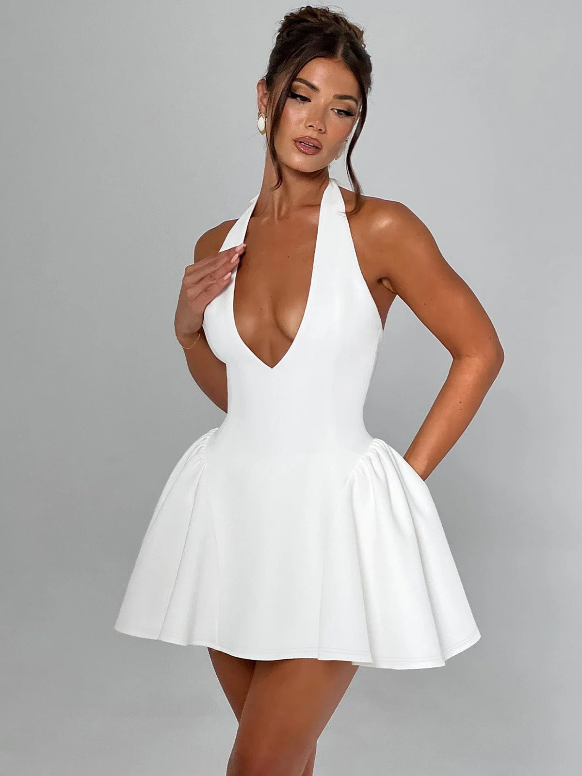 Halter Solid V Neck Backless Bandage Sexy Bodycon Mini Pleated Dress Winter Elegant Women Outfit Evening Party Festival