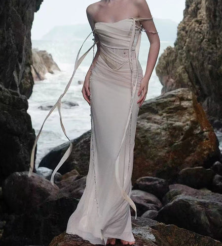 Slimming Spliced Lace Up Sexy Dresses for Women Strapless Sleeveless High Waist Patchwork Chain Dress Female New