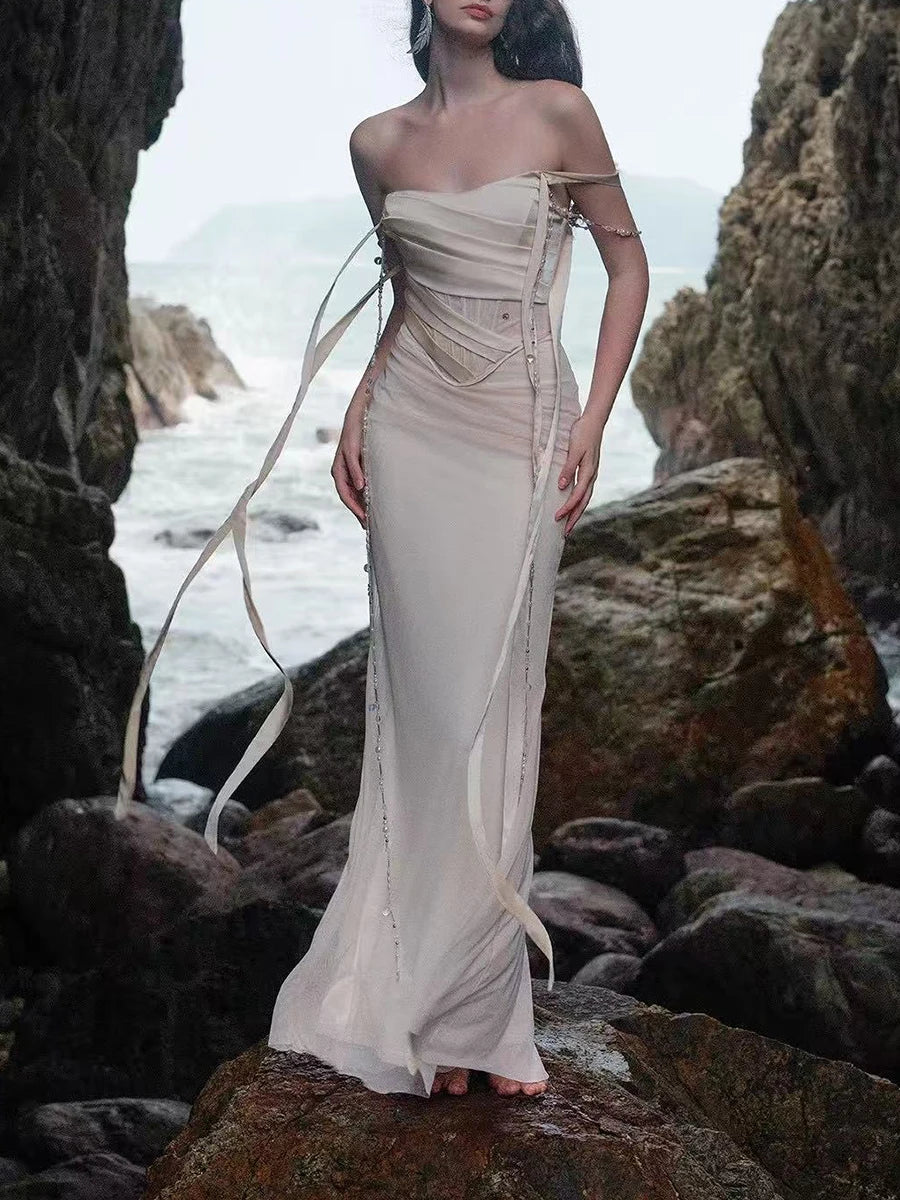 Slimming Spliced Lace Up Sexy Dresses for Women Strapless Sleeveless High Waist Patchwork Chain Dress Female New