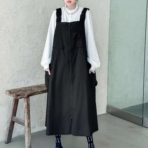 Load image into Gallery viewer, Women Black Pockets Drawstring Big Size Strap Dress New Square Collar Sleeveless Fashion Tide Spring Autumn 2025 1DH9934
