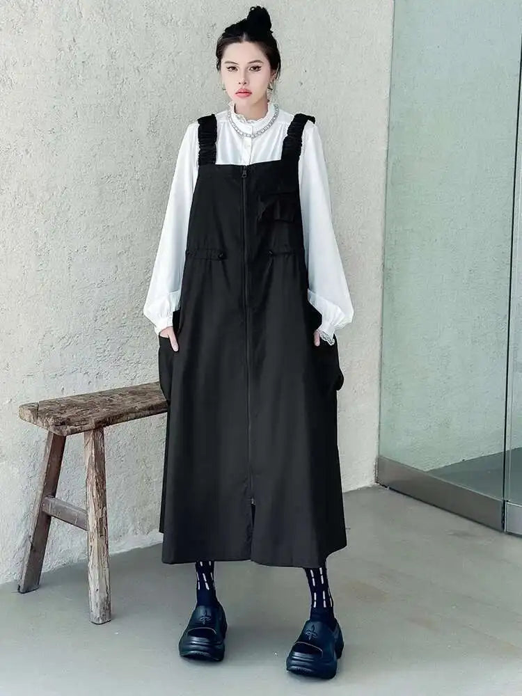 Women Black Pockets Drawstring Big Size Strap Dress New Square Collar Sleeveless Fashion Tide Spring Autumn 2025 1DH9934
